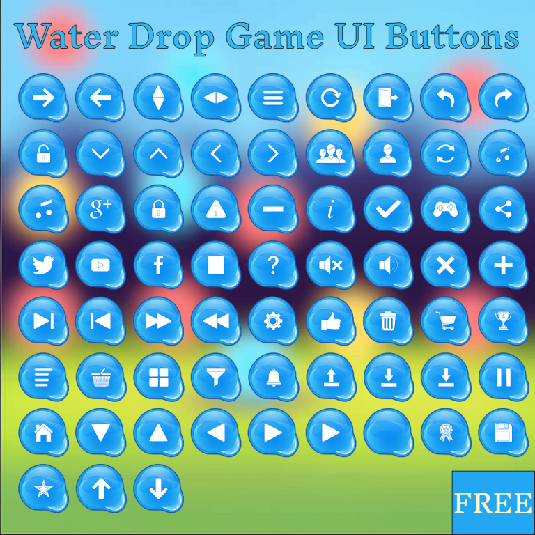 Free Water Drop Game UI Buttons Pack (70+ Glossy 2D Icons)