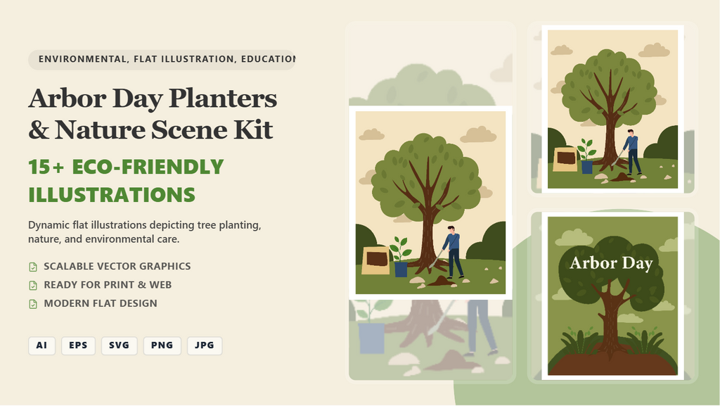 Arbor Day Planters & Nature Scene Social Media Banner Kit – Eco-Friendly Flat Illustrations