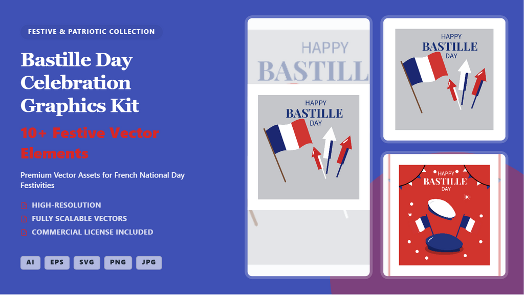 Bastille Day Celebration Social Media Banner Graphics Kit – Festive Vector Elements