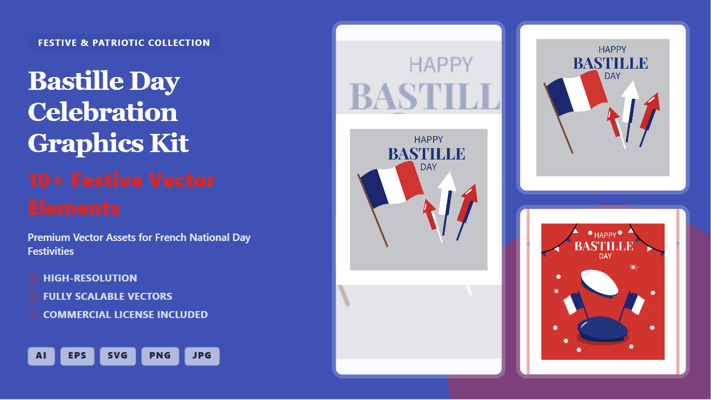 Bastille Day Celebration Social Media Banner Graphics Kit – Festive Vector Elements
