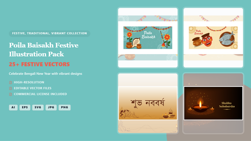 Poila Baisakh Festive Social Media Banners & Vector Illustrations Pack