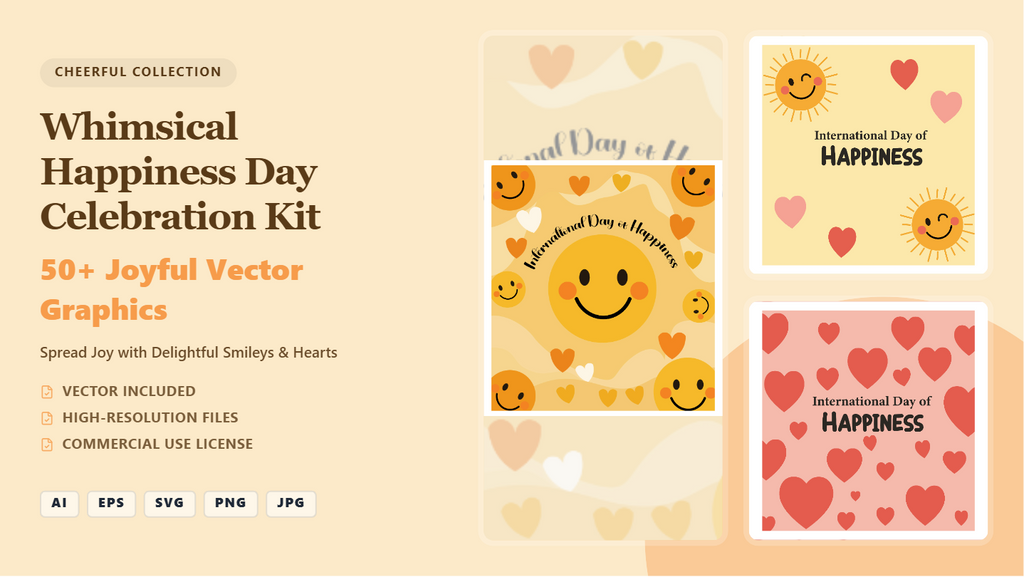 Whimsical Happiness Day Social Media Banner Kit – Joyful Smileys & Hearts Vector Graphics