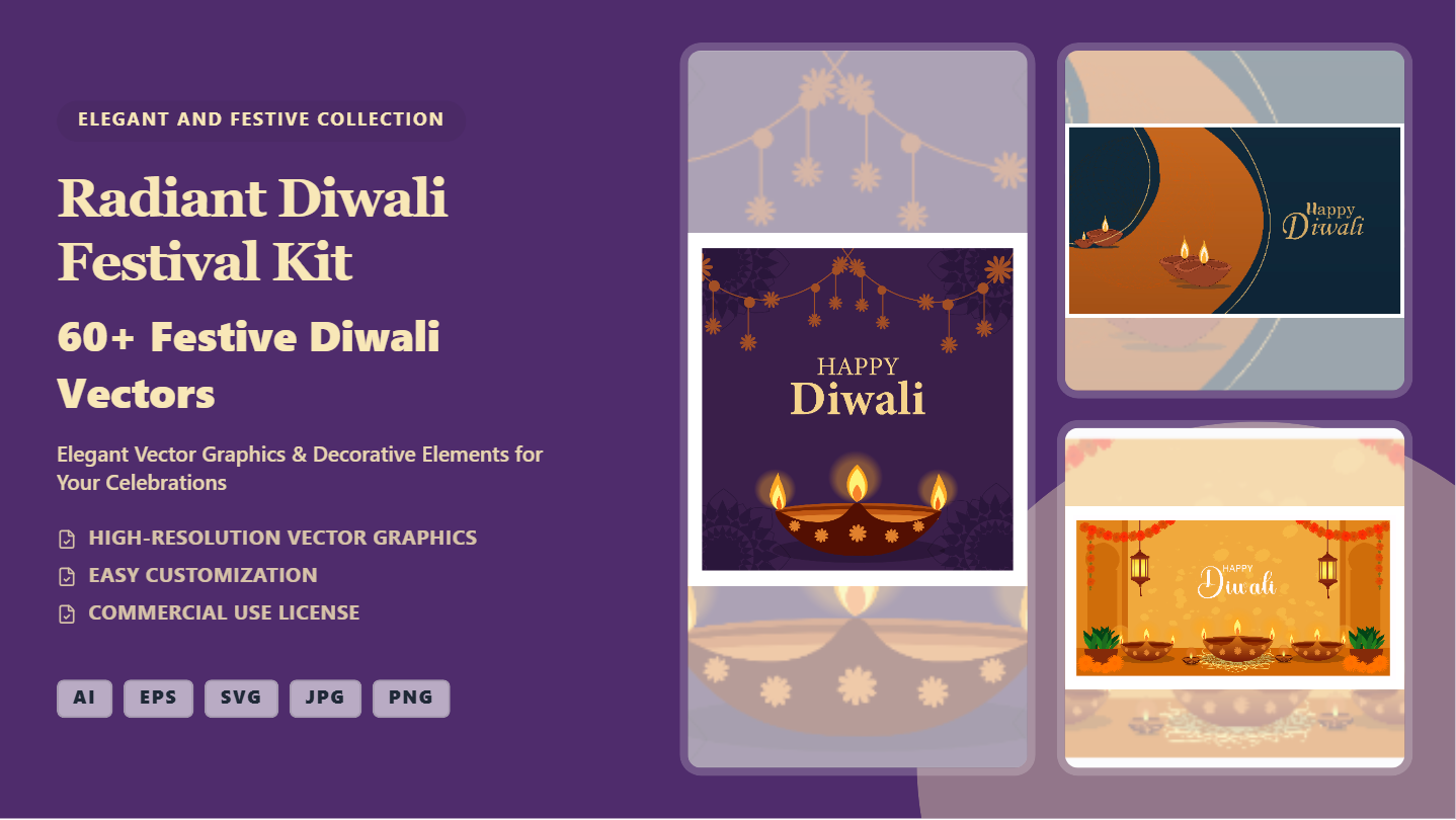 Radiant Diwali Festival Kit Social Media Banners – Elegant Vector Graphics & Templates