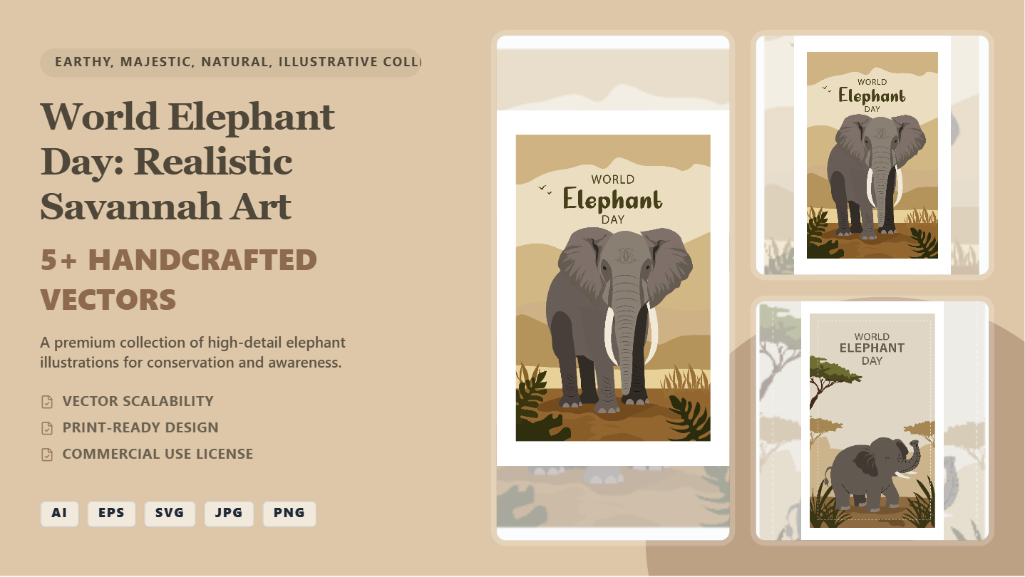 World Elephant Day Social Media Banners – Realistic Savannah Art Vector Collection