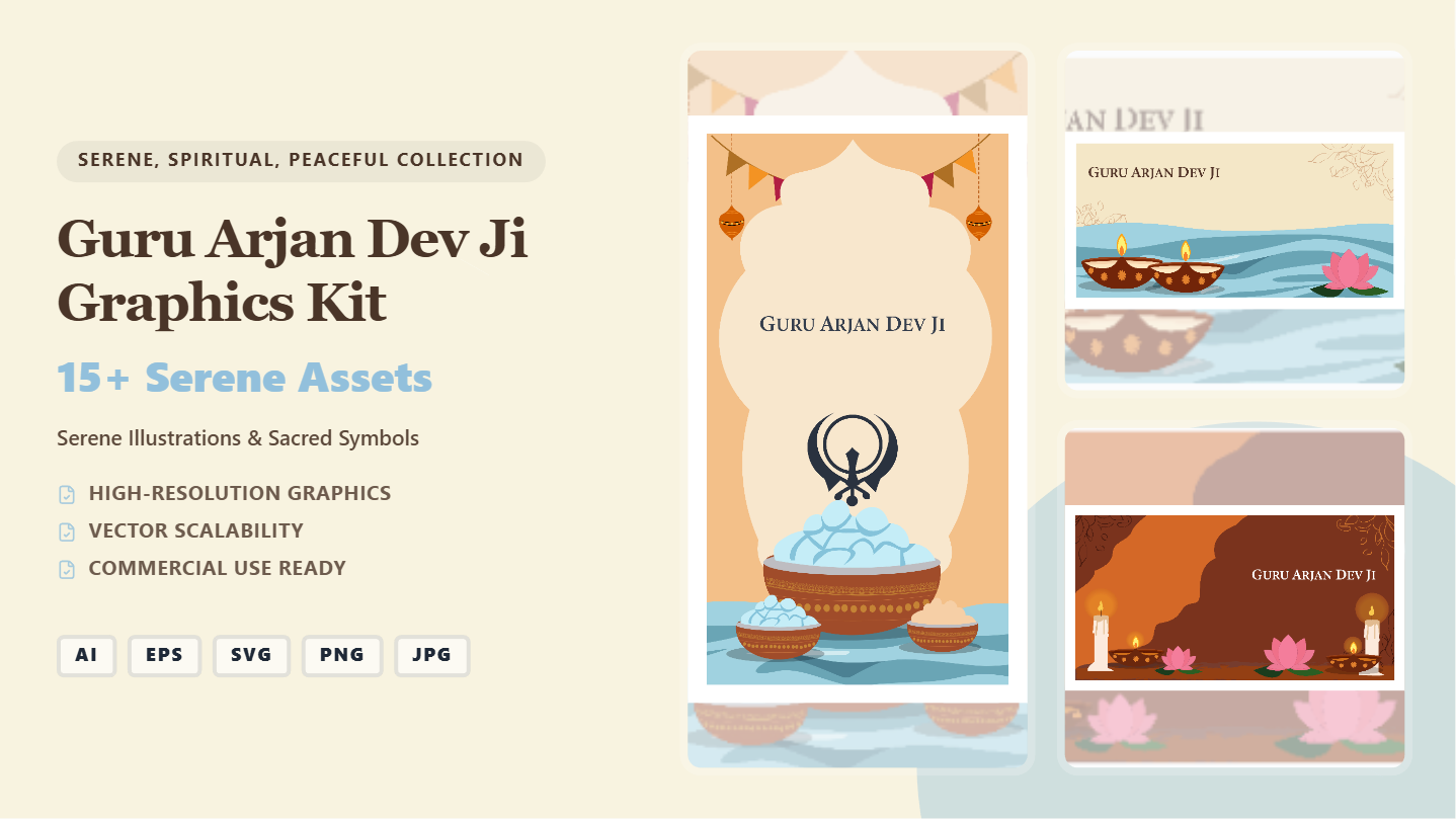 Guru Arjan Dev Ji Graphics Kit – Serene Social Media Banners & Sacred Illustrations