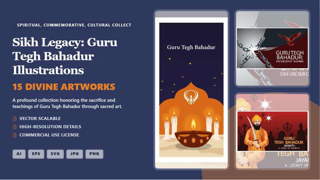 Sikh Legacy: Guru Tegh Bahadur Illustrations Social Media Banners – Premium Vector Art