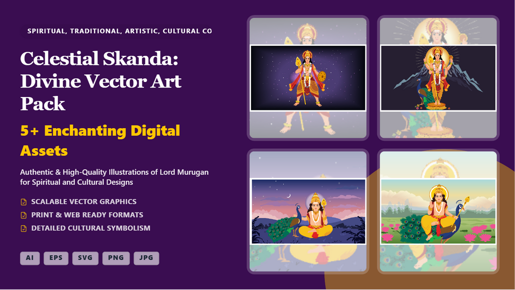 Lord Kartikeya Murugan Vector Art Pack – Spiritual Social Media Banners & Illustrations