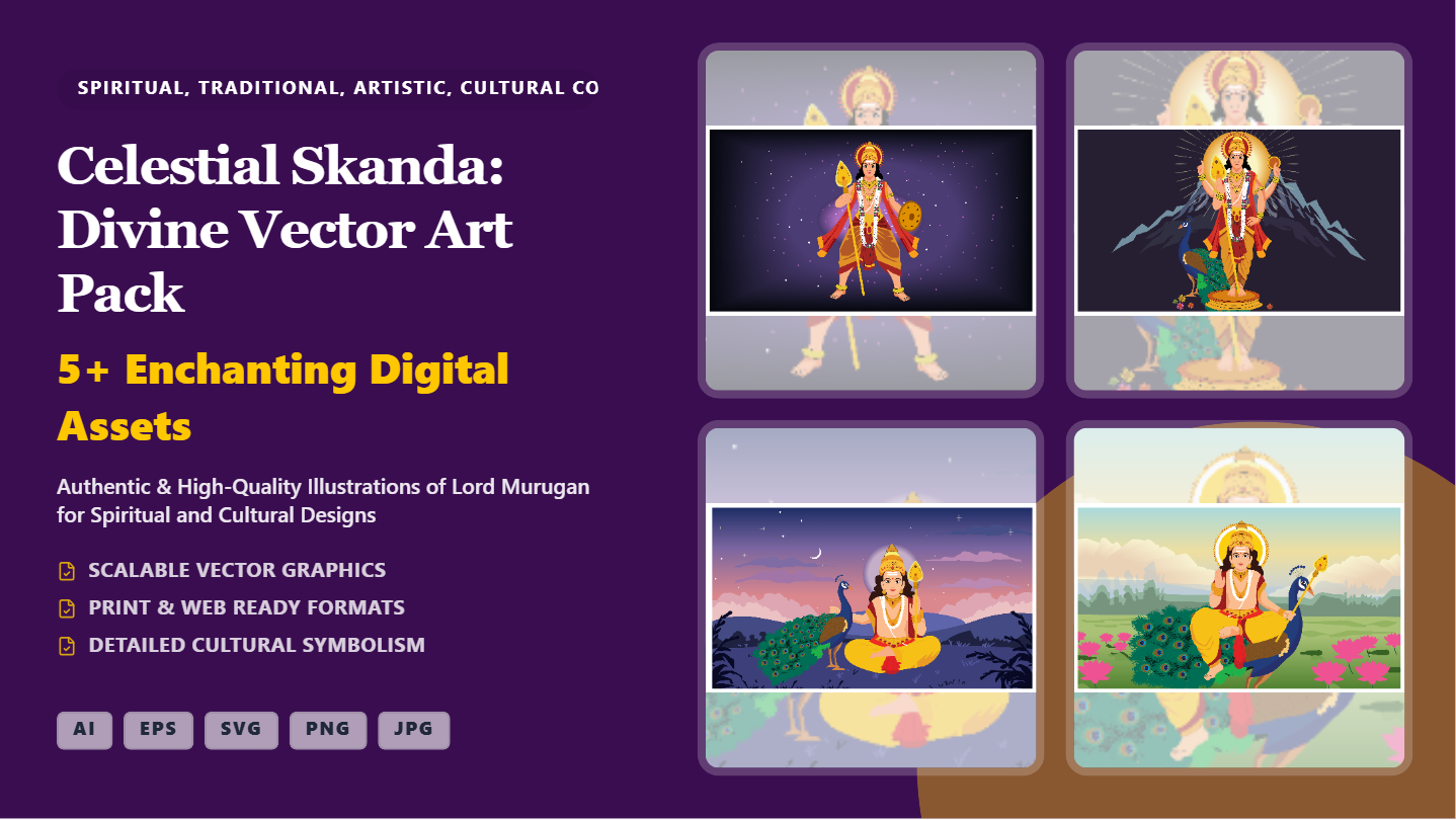 Lord Kartikeya Murugan Vector Art Pack – Spiritual Social Media Banners & Illustrations