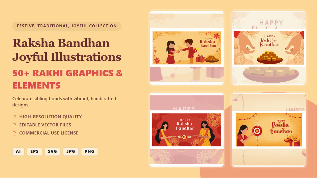Raksha Bandhan Joyful Illustrations Social Media Banner Pack – Editable Vector Graphics