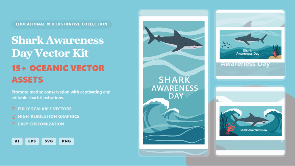 Shark Awareness Day Social Media Banner & Vector Kit – Editable Oceanic Graphics