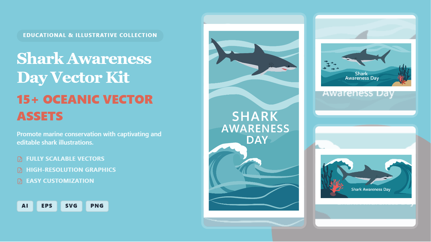 Shark Awareness Day Social Media Banner & Vector Kit – Editable Oceanic Graphics
