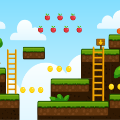 Cartoon style 2D platformer tileset with grassy platforms collectible apples ladders and yellow coins – free 2D game asset