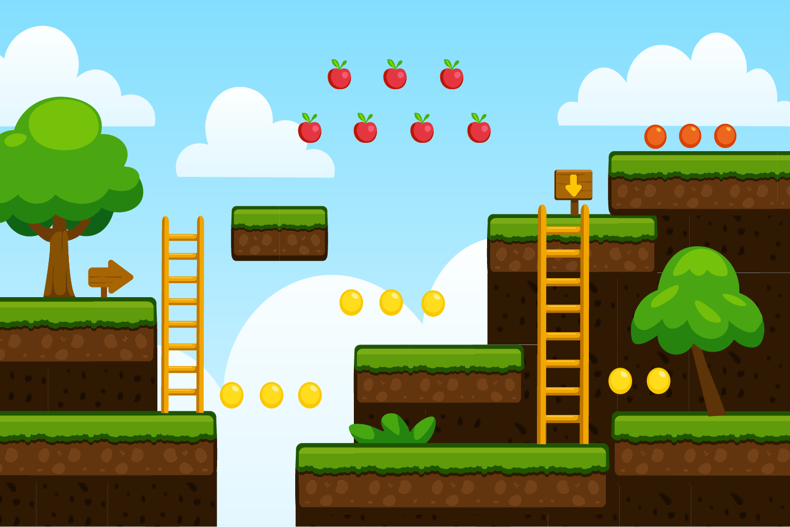Cartoon style 2D platformer tileset with grassy platforms collectible apples ladders and yellow coins β free 2D game asset