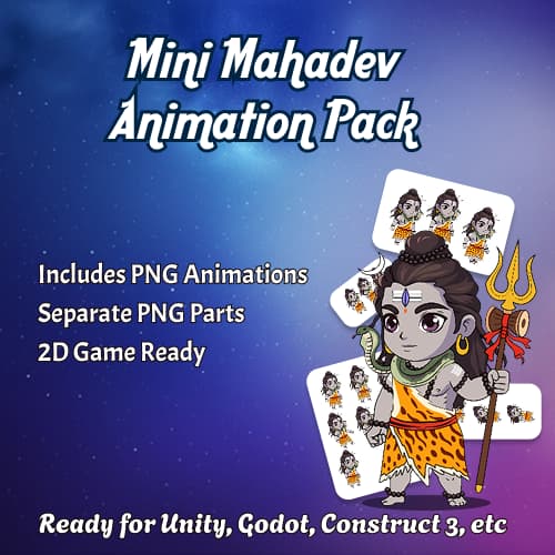 Cartoon Mini Mahadev character with trident and divine attire – free 2D game character asset