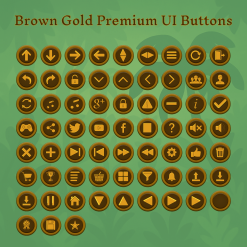Brown gold circular UI button set with 70+ icons for menus, controls, and social sharing in 2D games