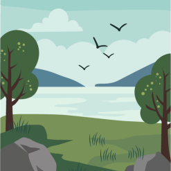 Cartoon river with pine trees mountains and blue sky β free 2D background asset